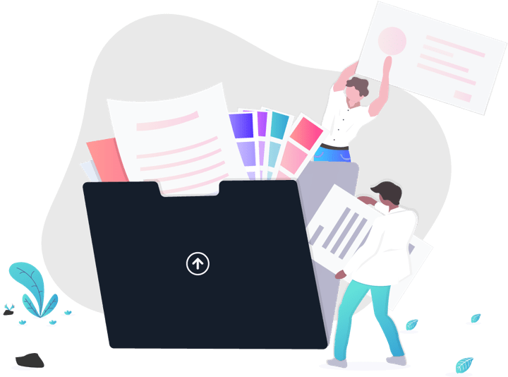 Office workers taking documents from oversized folder